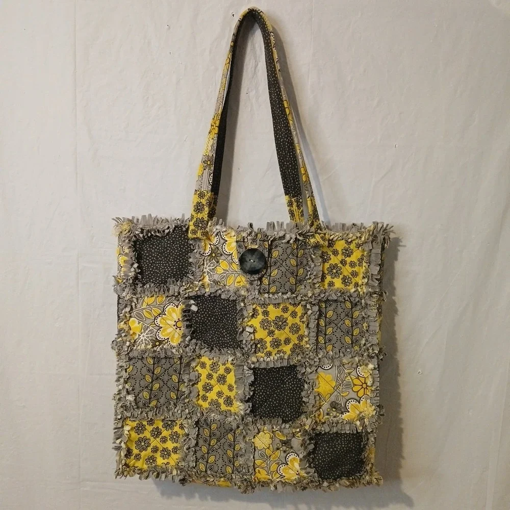 Handmade Quilted Bag Large With Button Closure Yellow Gray‎ And Black